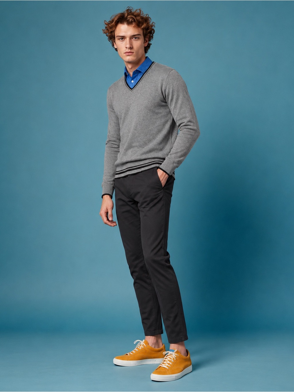 Zara Man Basic Charcoal Heather Gray V-Neck Trim Knit Sweater